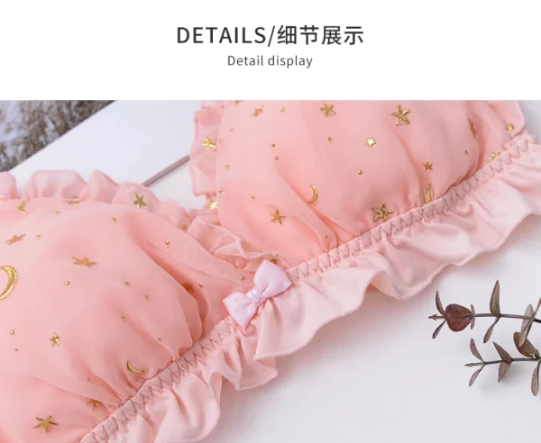 5 Colors Star Moon Cute Bra & Panties Set Ruffles Trim Wirefree Chiffon Soft Underwear Sleep Intimates Set Kawaii Lolita - Image 16