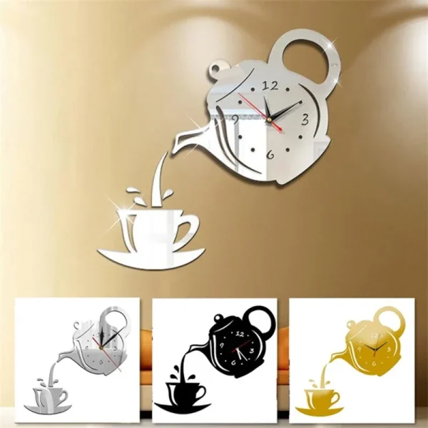 3D DIY Teapot Shape Wall Clock Acrylic Mirror Clock Modern Kitchen  Decor Wall Sticker Hollow Digital Clock watch  clock
