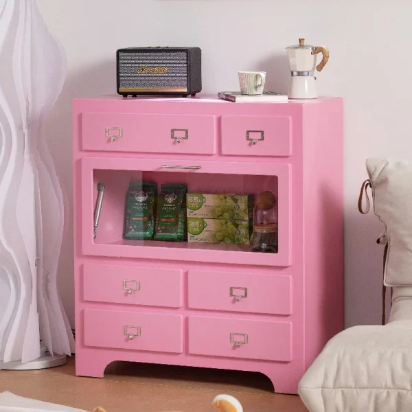 PK93 INS Home Storage Cabinet, Sofa Side Table, Pink Bedside Dresser, Multi-Layer Chest of Drawers, Sturdy Solid Wood