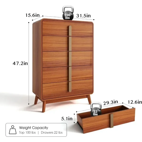 Mid Century Modern Dresser,5 Drawer Dresser with Storage,Chest of Drawers with Metal Handle,Large Wooden Drawer Organizer - Image 2
