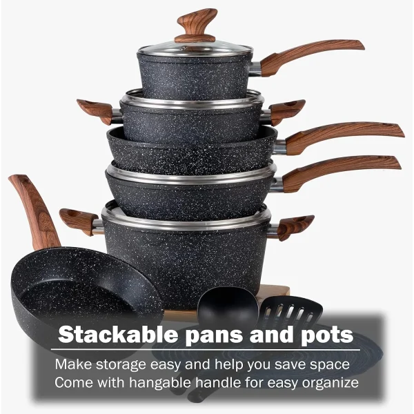 Induction Cookware Sets - 12 Piece Cooking Pan Set, Granite Nonstick Pots and Pans Set - Image 6