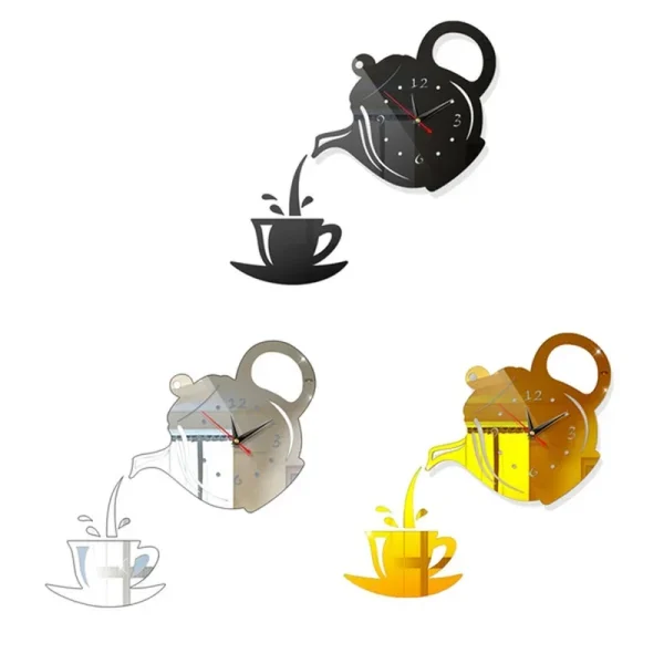 3D DIY Teapot Shape Wall Clock Acrylic Mirror Clock Modern Kitchen  Decor Wall Sticker Hollow Digital Clock watch  clock - Image 5