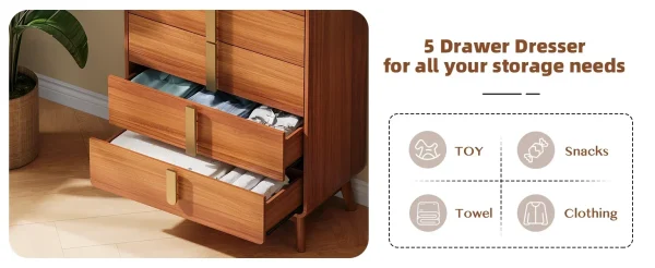 Mid Century Modern Dresser,5 Drawer Dresser with Storage,Chest of Drawers with Metal Handle,Large Wooden Drawer Organizer - Image 10