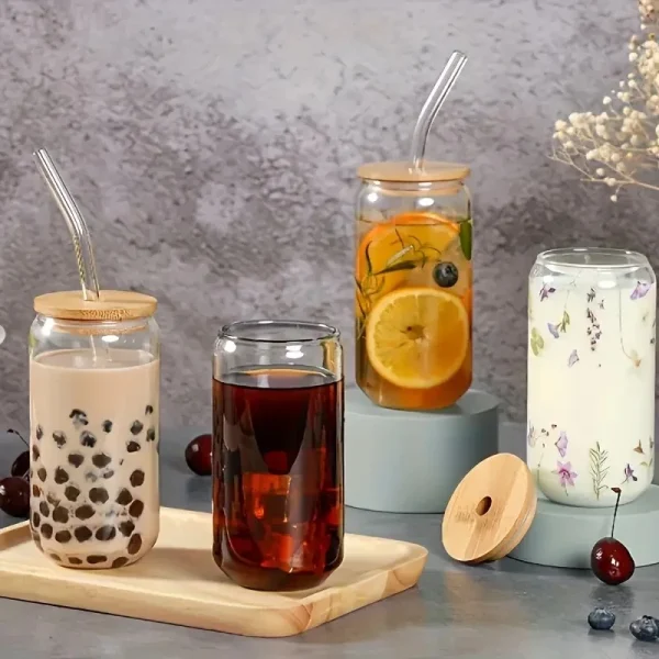 Bamboo covered glass straw drinking cup set of 8-550ml/18.7oz glass cup, iced coffee cup - Image 8