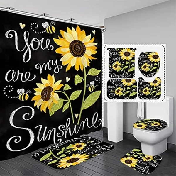 Magic Sunflower Butterfly Shower Curtain Sets Black Yellow Art Country Flower Bathroom Decor Curtains Bath Mats Rug Toilet Cover - Image 10