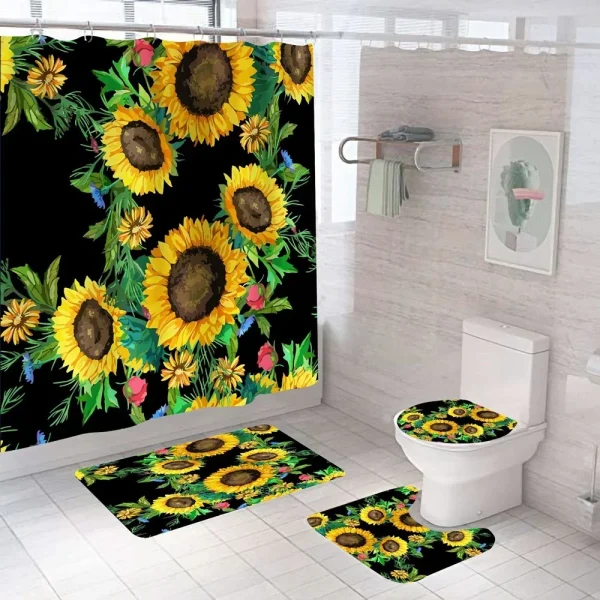 Magic Sunflower Butterfly Shower Curtain Sets Black Yellow Art Country Flower Bathroom Decor Curtains Bath Mats Rug Toilet Cover - Image 2